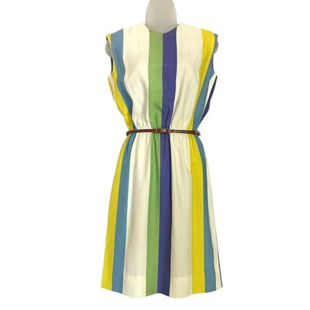 Vintage Stacy Ames 1960s Striped Sleeveless Belted Knee-Length Sheath Dress